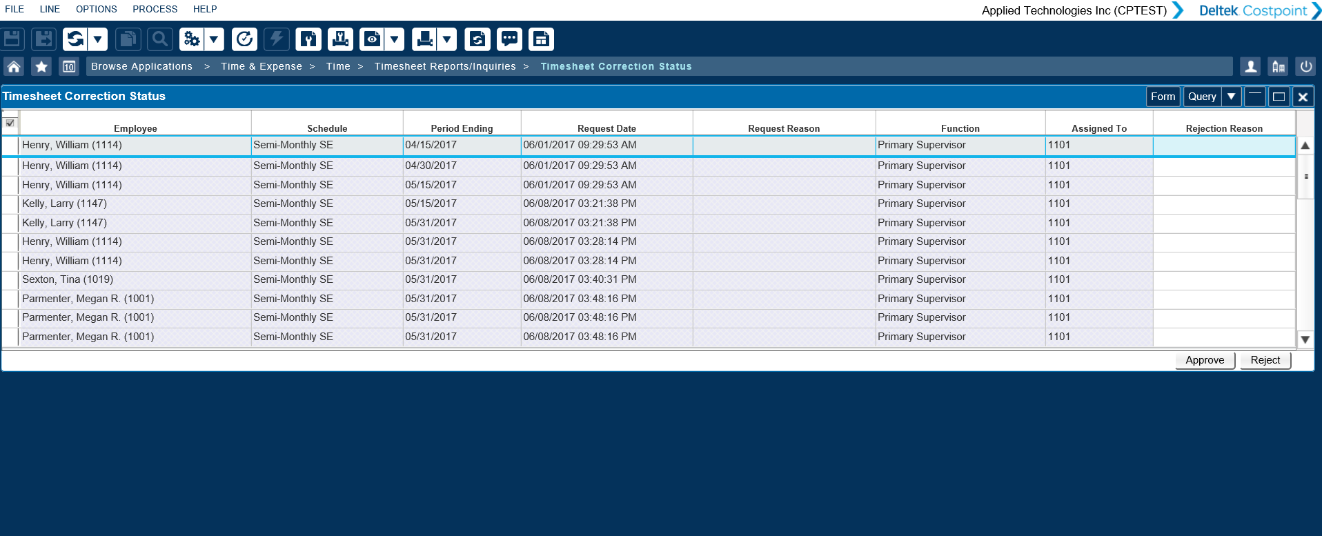 Costpoint Timesheet correction screenshot